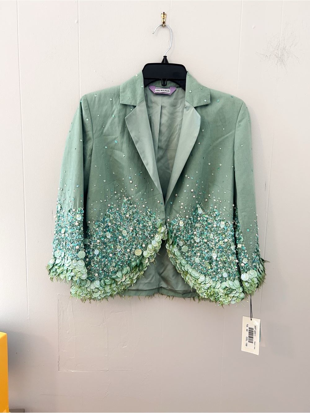 NWT Vintage Anna Molinari Green Silk Sequin Beaded Statement Blazer